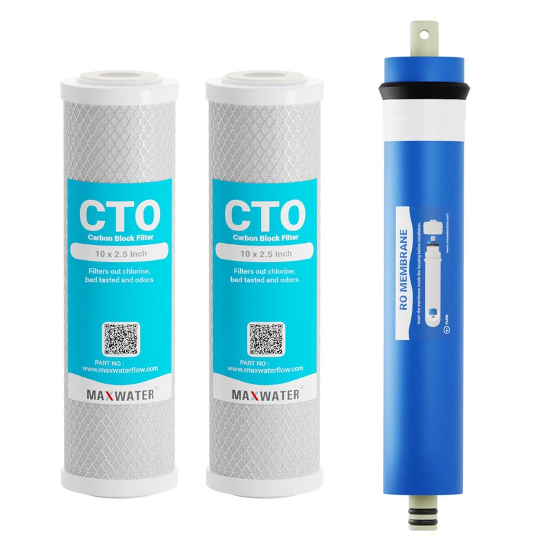 Max Water Combo Pack FX12P and FX12M or TFM-24 Water Filter Replacement, Compatible GE RO Set GXRM10RBL GXRM10G Reverse Osmosis Systems - Carbon Block Filters and 50 GPD RO Membrane (Membrane + 2 CTO) - Image 1